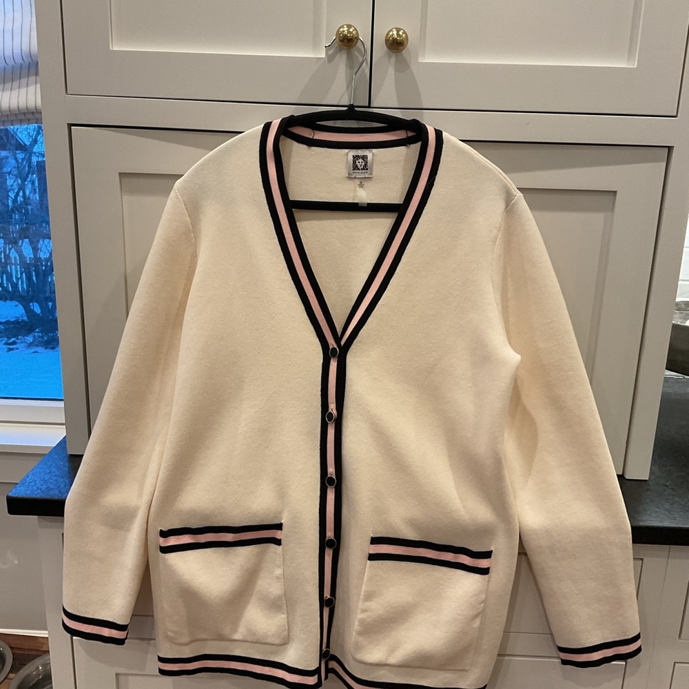 Cream Cardigan with Black and Pink Trim